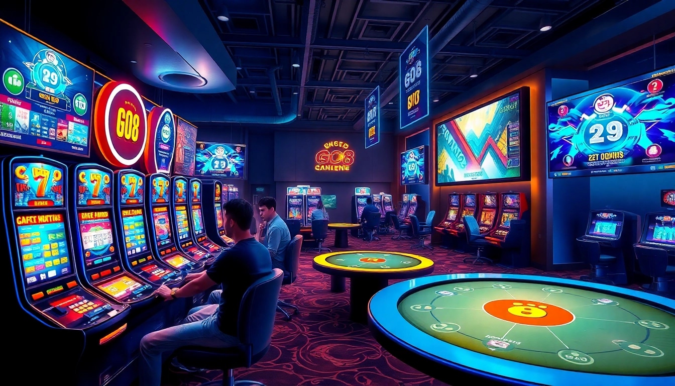 Exciting GO8 online gaming scene showcasing modern casino elements and dynamic players engaged in various games.