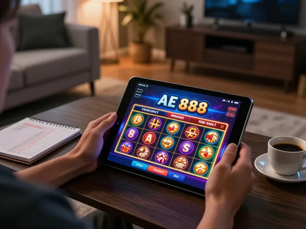Engaging AE 888 online gambling session showcasing player using tablet for betting action.