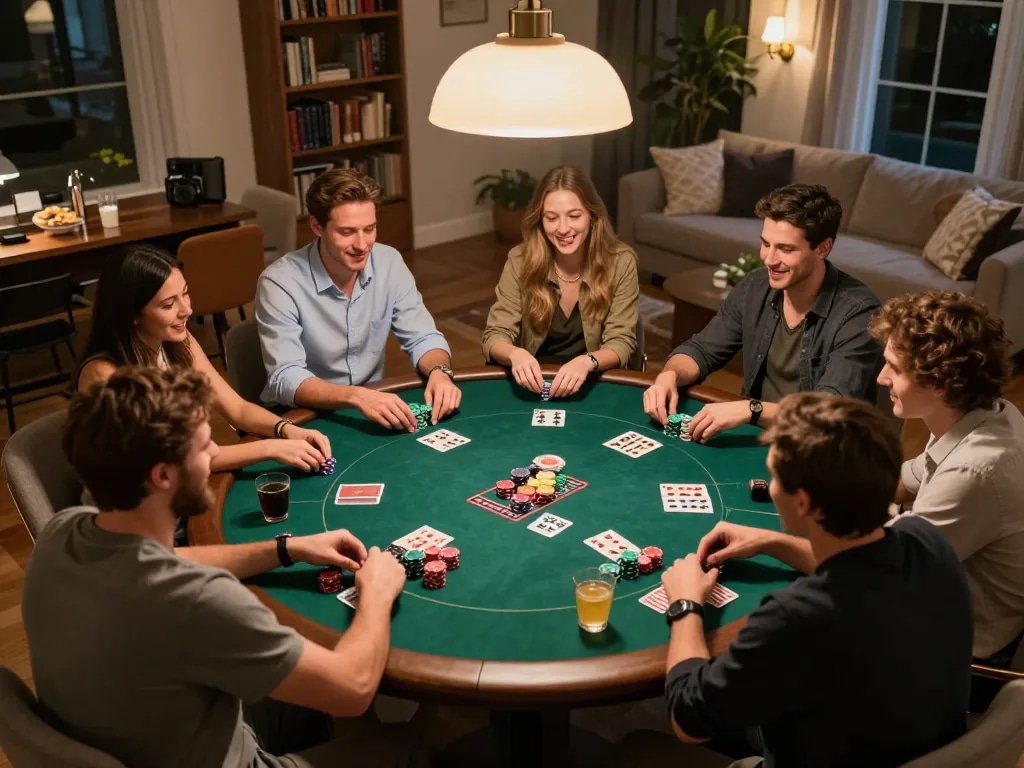 Friends enjoying a home poker night with dv88-themed games and colorful chips.
