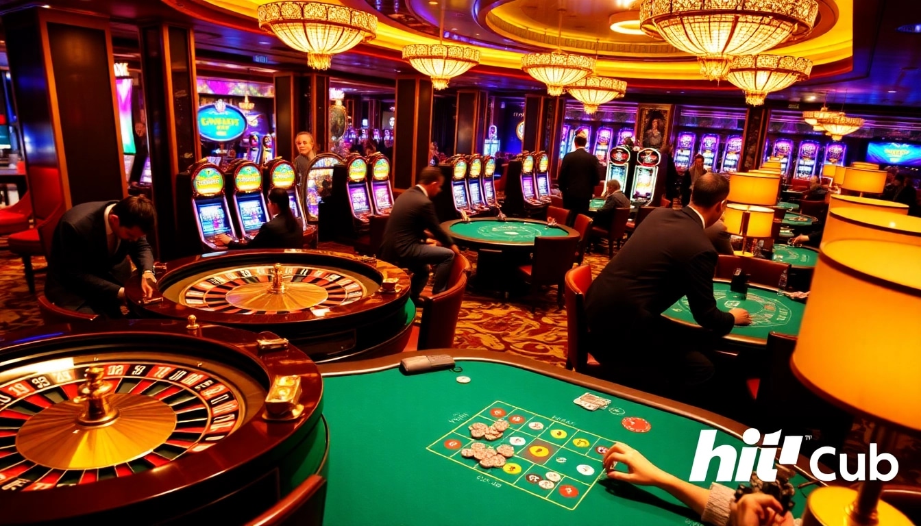 Hit.Club players enjoying a thrilling slot machine experience amidst a luxurious gaming environment.