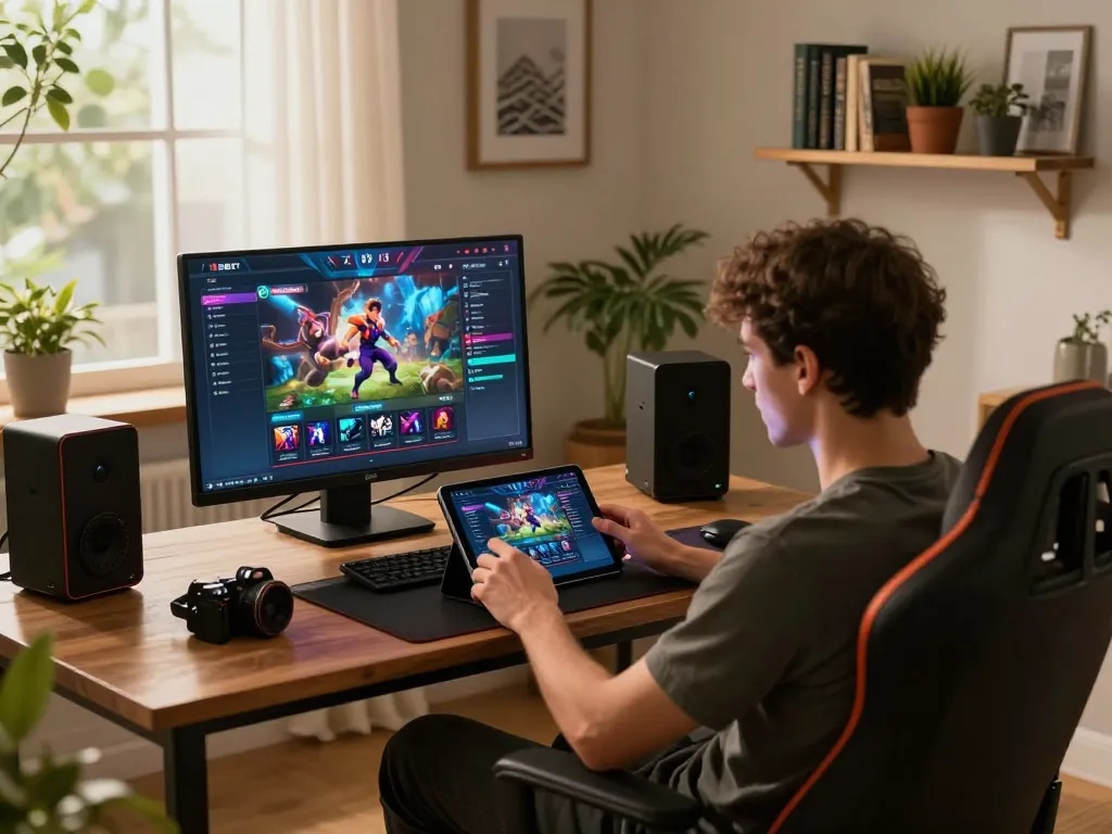 Player engaging with 11bet1 online casino on tablet, showcasing a cozy home gaming setup