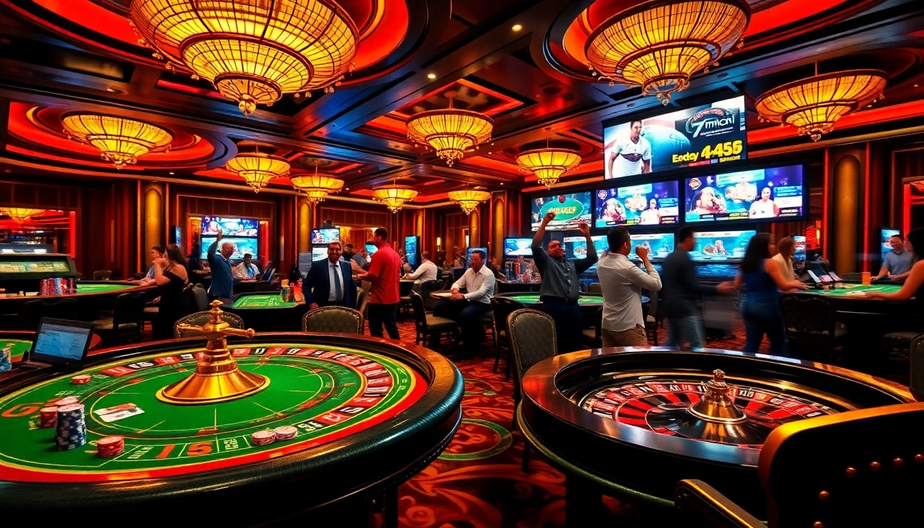 Experience the thrill of 7mcn with vibrant poker tables and a spinning roulette wheel.