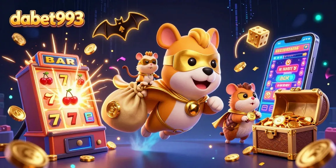Experience thrilling wins at dabet993 with this dynamic casino-themed illustration featuring a superhero dog.