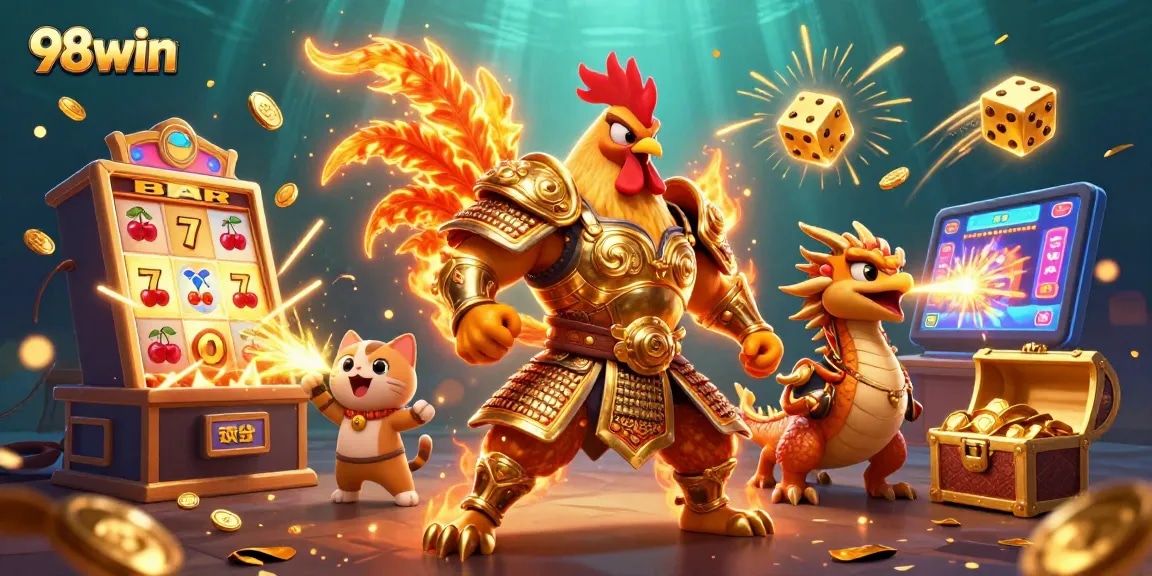Engage in thrilling gameplay at 98win with dynamic scenes featuring exciting slot machines and warrior characters.