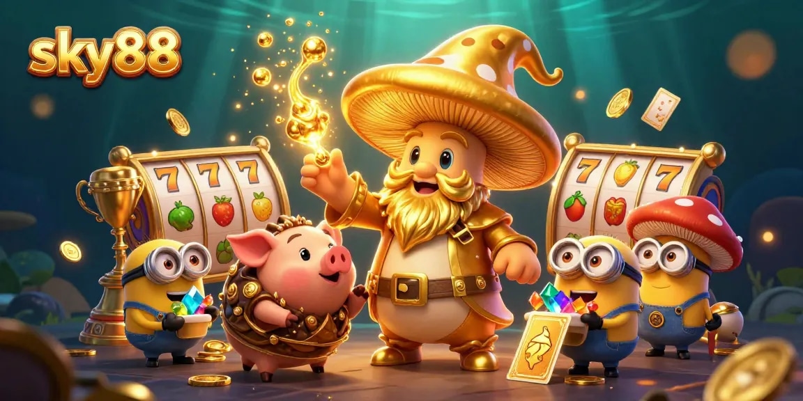 Experience the magic of sky88 slots with golden treasures and 3D dynamic characters in a vibrant casino scene.