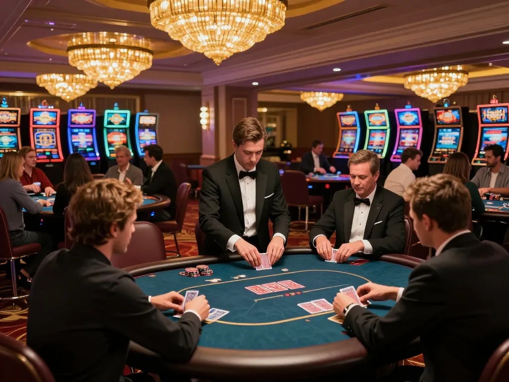 Players engaged in a strategic poker game at cm88 casino with warm lighting and vibrant atmosphere.