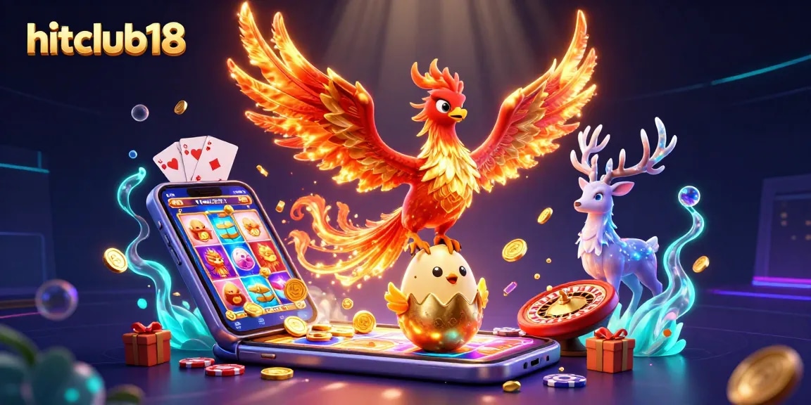 Experience thrilling gameplay with hitclub18 featuring a phoenix and casino elements in vibrant 3D illustration.