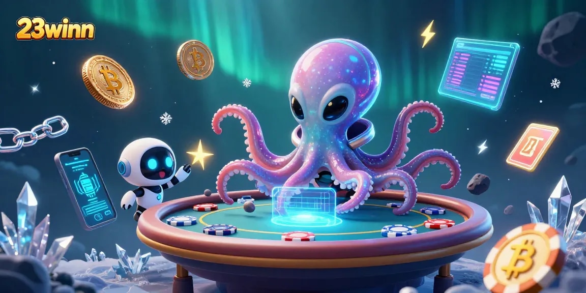 Engage in thrilling games at 23winn with a 3D octopus dealer at a buoyant poker table.