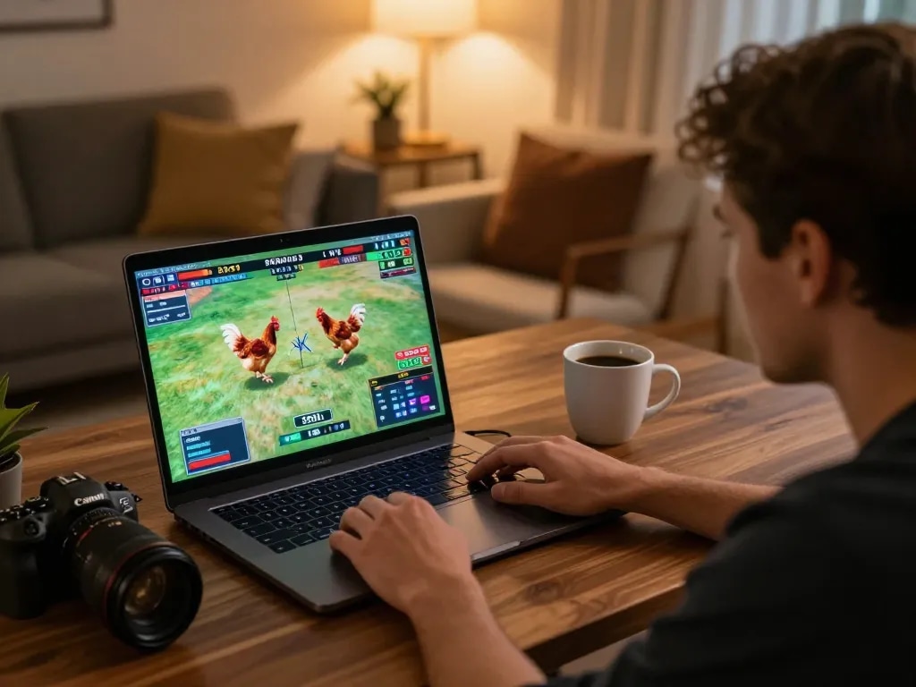 Experience đá gà trực tiếp hôm nay from the comfort of home, engaging in live bets on laptop.