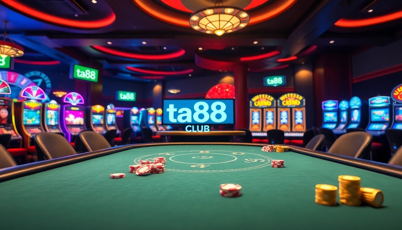 Players enjoying a thrilling game at the ta88 club casino with poker chips and vibrant slot machines.