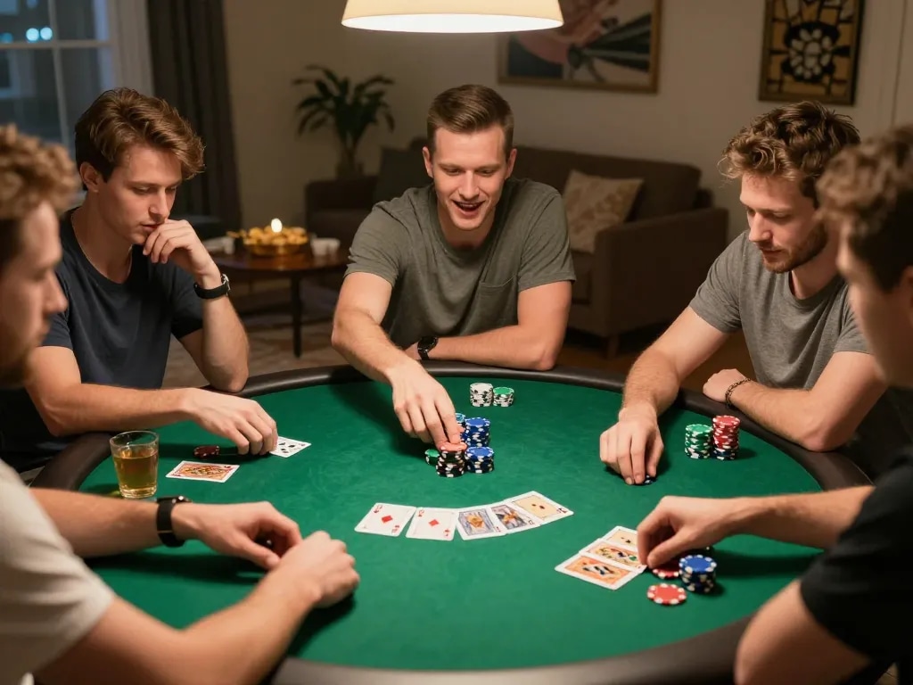 Friends engaging in a thrilling poker game at home, showcasing the social element of v9bet gaming.