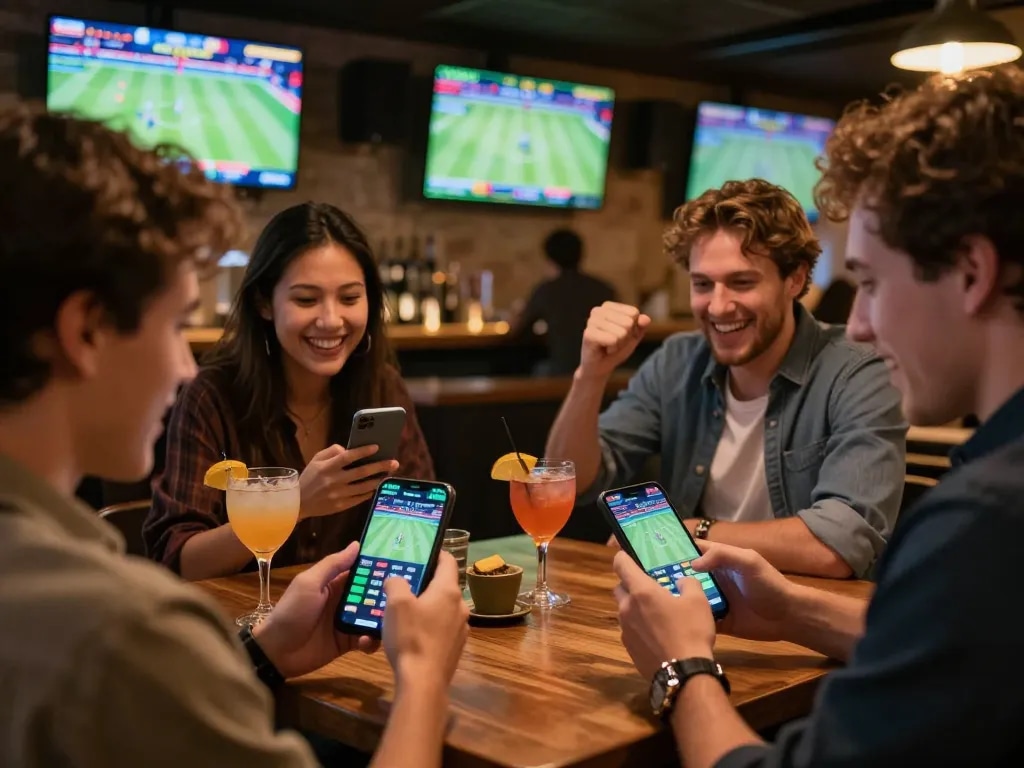 BOM88 users placing live sports bets on smartphones amidst a lively bar atmosphere, capturing competitive spirit.