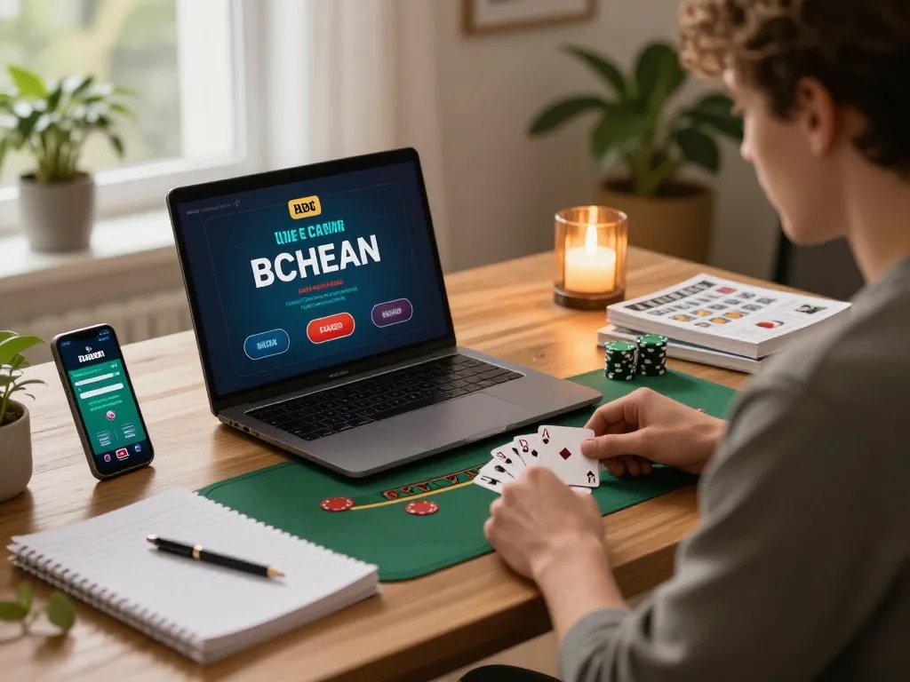 Player enjoying a live dealer Blackjack game on fabet, demonstrating online gambling strategy.
