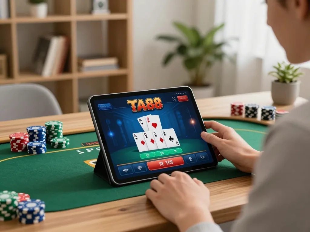 Player enjoying TA88 casino app on tablet, engaging in online poker gameplay at home.