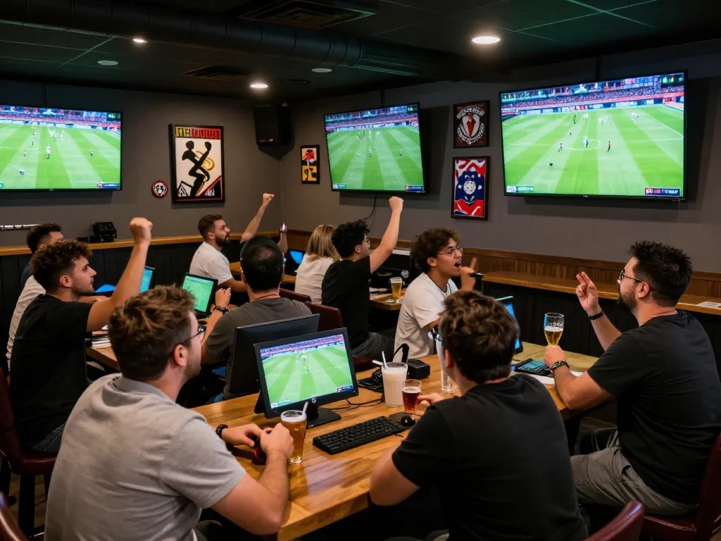 Socolive users celebrating live soccer matches at a sports bar while engaging in online betting.