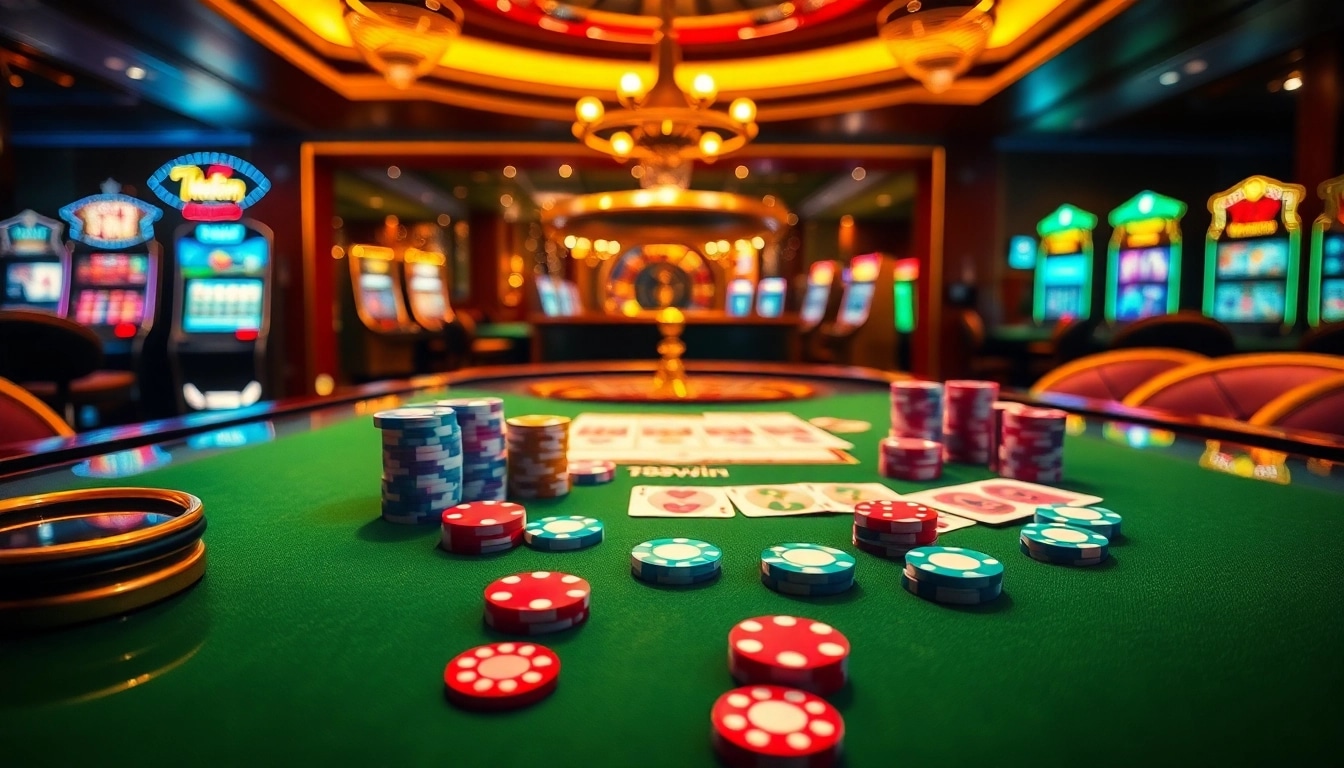 Action-packed gaming table at 78Win with cards, chips, and a vibrant atmosphere.