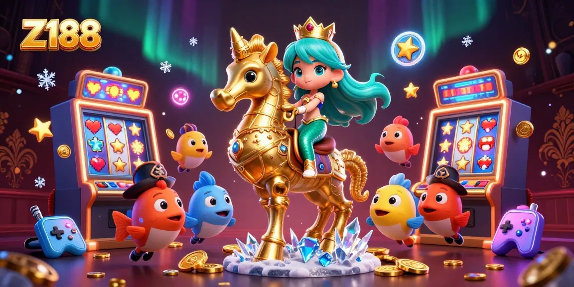 Z188 offers a mesmerizing 3D illustration featuring a mermaid princess and seahorse in a vibrant casino world.