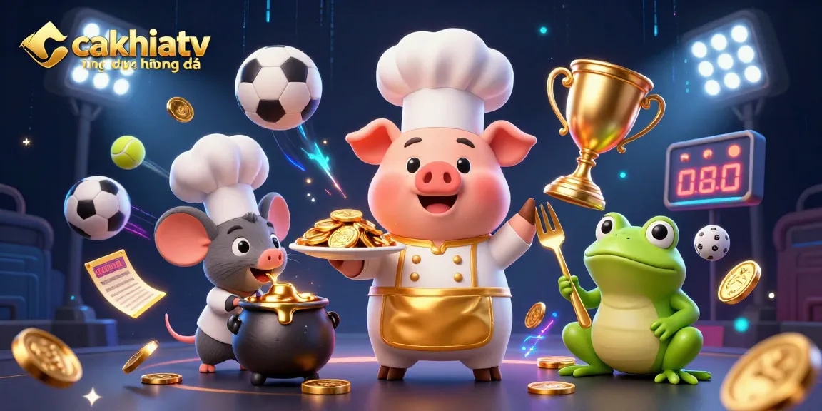 Cakhiatv trực tiếp bóng đá featuring a chef pig, sous-chef mouse, and critic frog in a vibrant sports-themed illustration.
