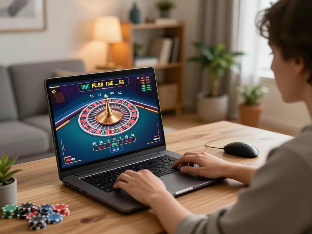 Luck8 player engaging in live gaming experience, showcasing modern home setup with vibrant interface