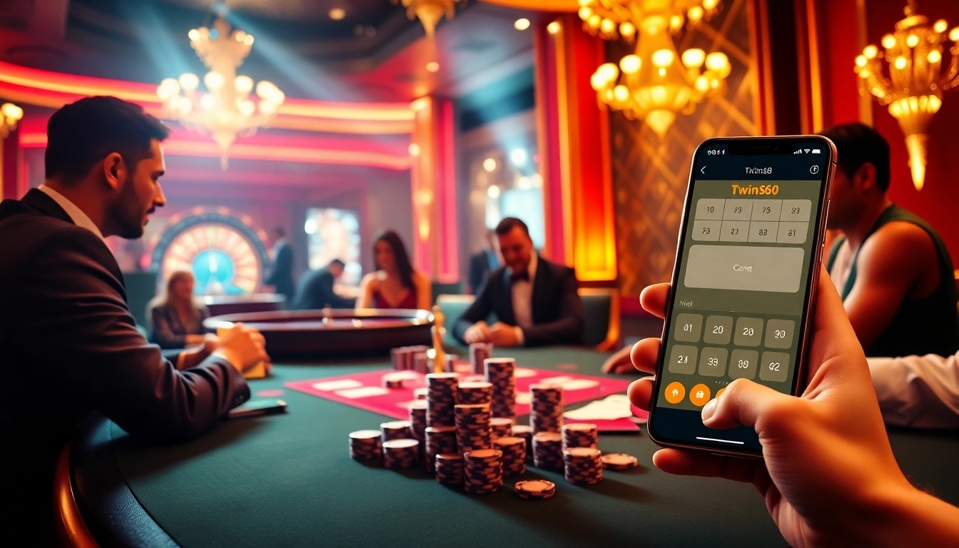 Players enjoying poker at a casino table while engaging with the twin68 apk app for a seamless gambling experience.