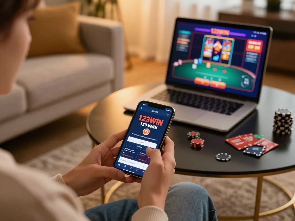 Engaging with the 123WIN casino app in a stylish, cozy living room setup.