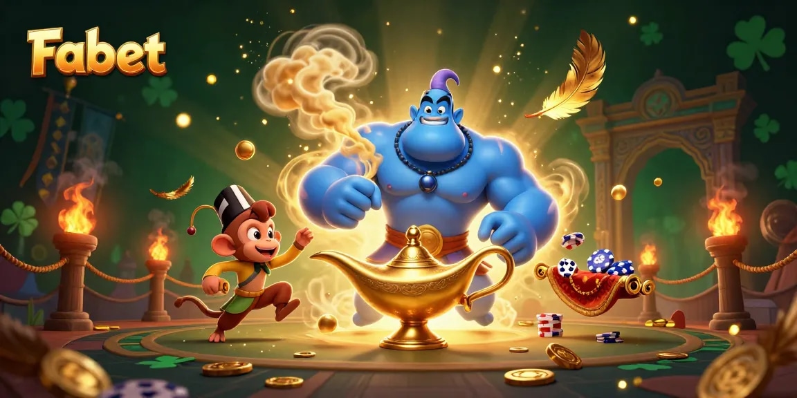 Experience the thrill of Fabet with a magical scene featuring a genie, monkey, and poker chips.