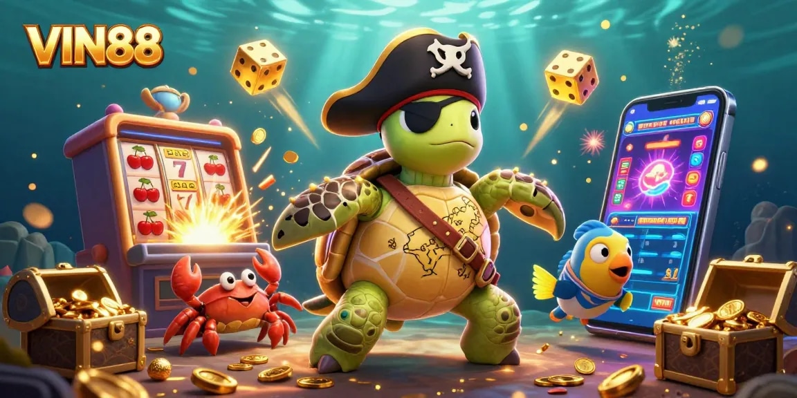 Experience thrilling gameplay at VIN88 with a cartoon turtle and jackpot delights from a vibrant casino.