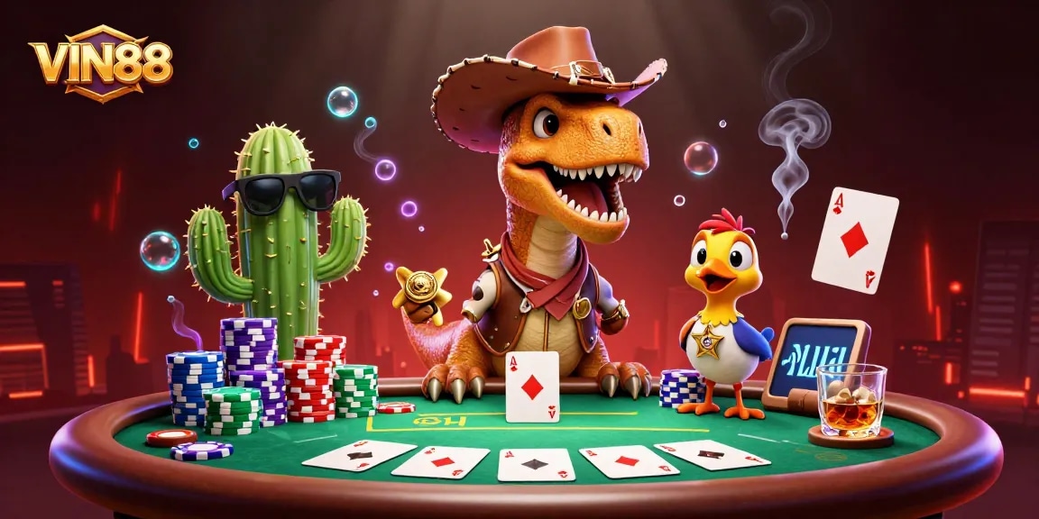 Play poker and win with VIN88 in this thrilling 3D casino scene packed with vibrant characters and action.