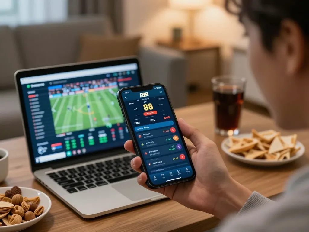 Engaging in live sports betting on open88 app, smartphone displaying current odds and game choices.