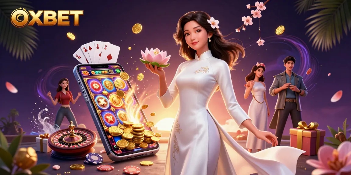 Win big at OXBET with vibrant casino action featuring elegant gaming elements and joyful characters.