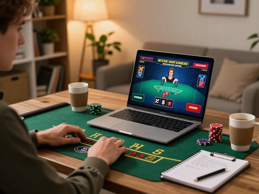 Engaging in live dealer blackjack on https://566.beauty/ from a cozy home office setup, showcasing responsible gambling.