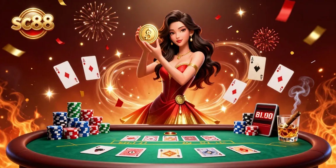 Win big with sc88 at a vibrant casino full of excitement, poker tables, and golden coins raining down.