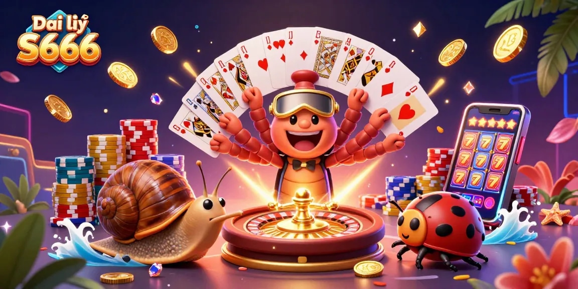 Experience the excitement of Đại lý S666 as the dealer showcases cards and chips in a vibrant casino scene.