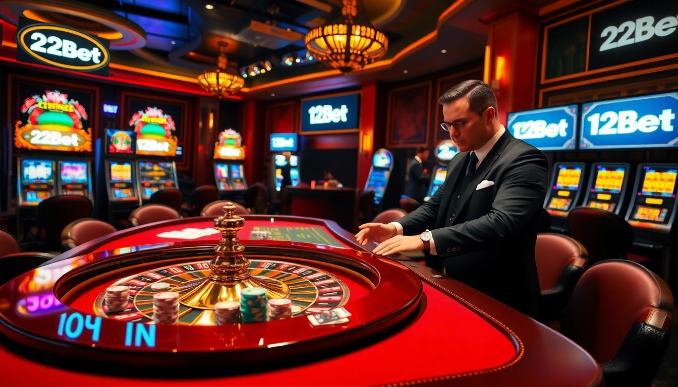 Exciting poker action at the 12Bet casino featuring luxury tables and vibrant slot machines.