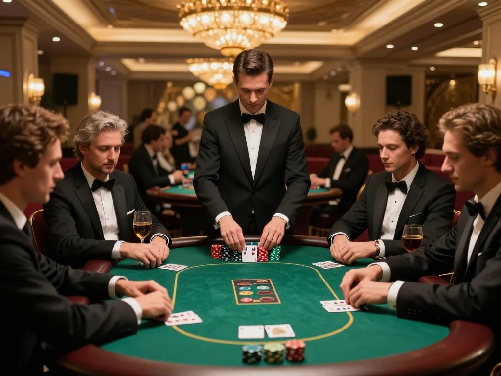 Engaged players at a TX88 poker table, focused on hands, sophisticated casino atmosphere.