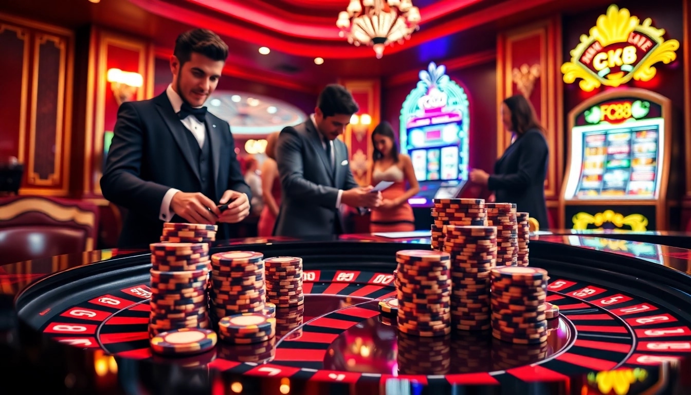 Experience high-stakes action with FC88 Football's exciting casino scene featuring roulette, poker, and vibrant decor.