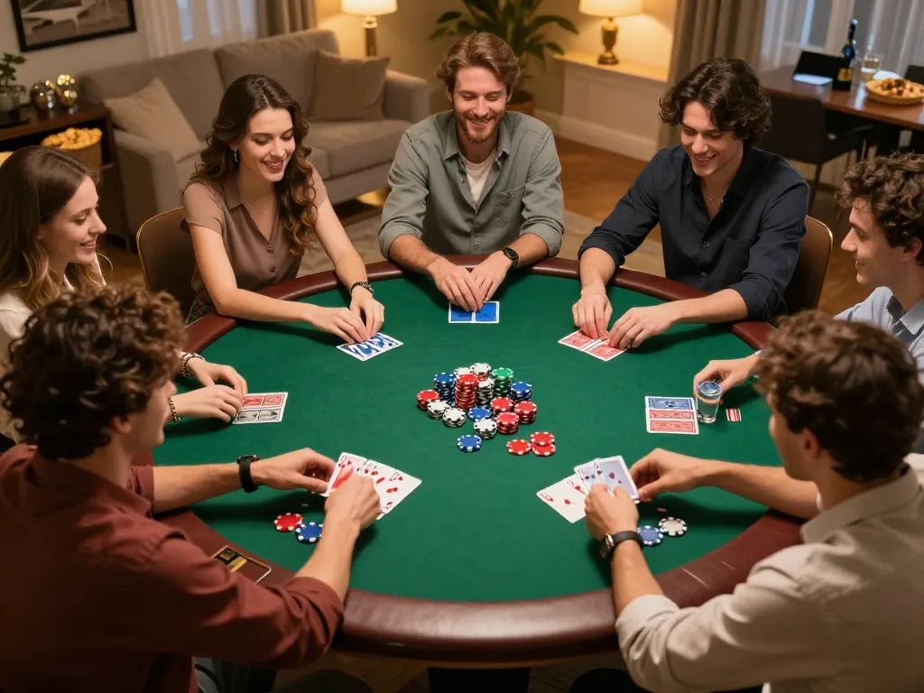 Players strategizing in a dynamic poker game at home, evoking an inviting VA88 atmosphere.