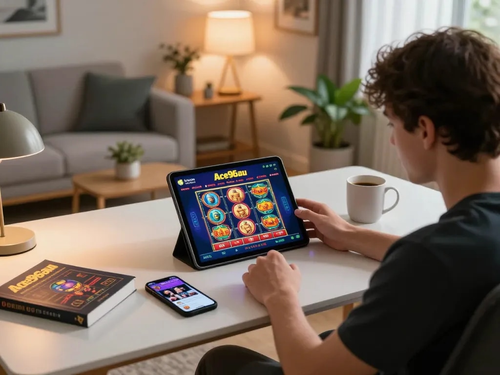 A player strategizing at home while using Ace96au online casino on their tablet, showcasing interactive gaming.