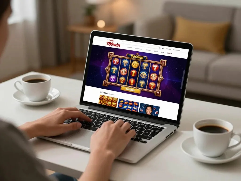 A person engaging with the 789win link online casino from a cozy home setting, accessing exciting game features.