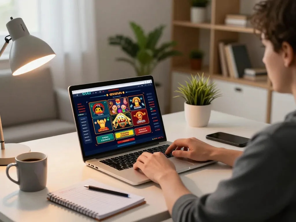 Player engaging with GVUI online casino interface during a cozy home gaming session.