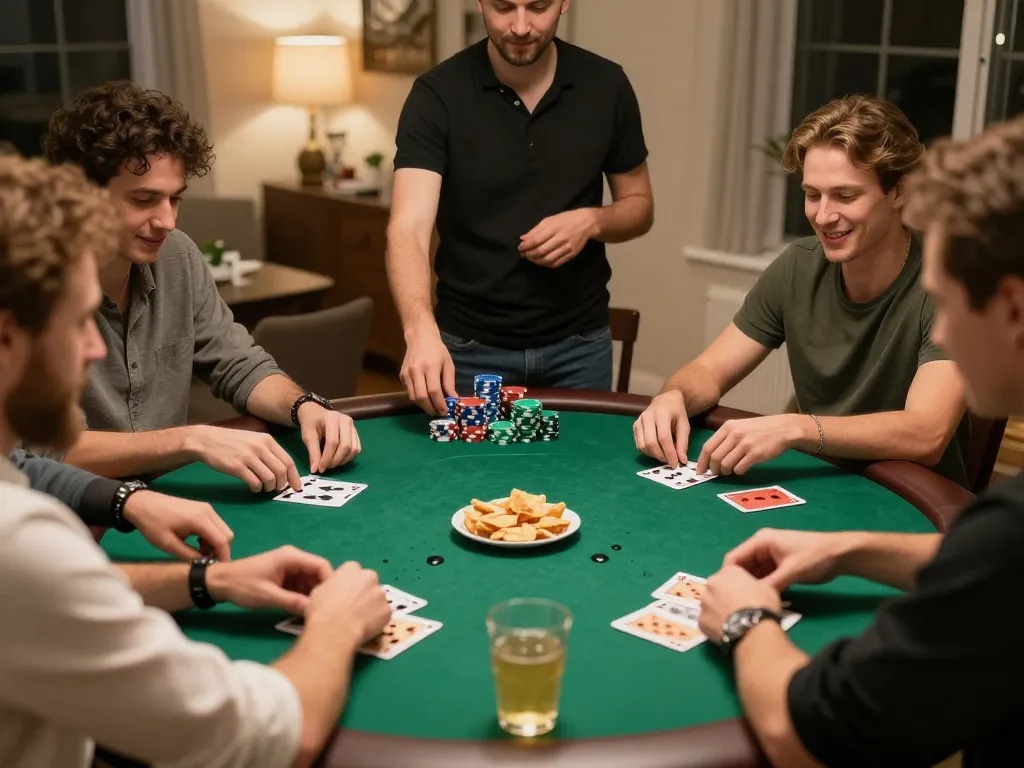 Players enjoying a friendly poker game at home, showcasing strategic gameplay in a cozy atmosphere, featuring CO88.