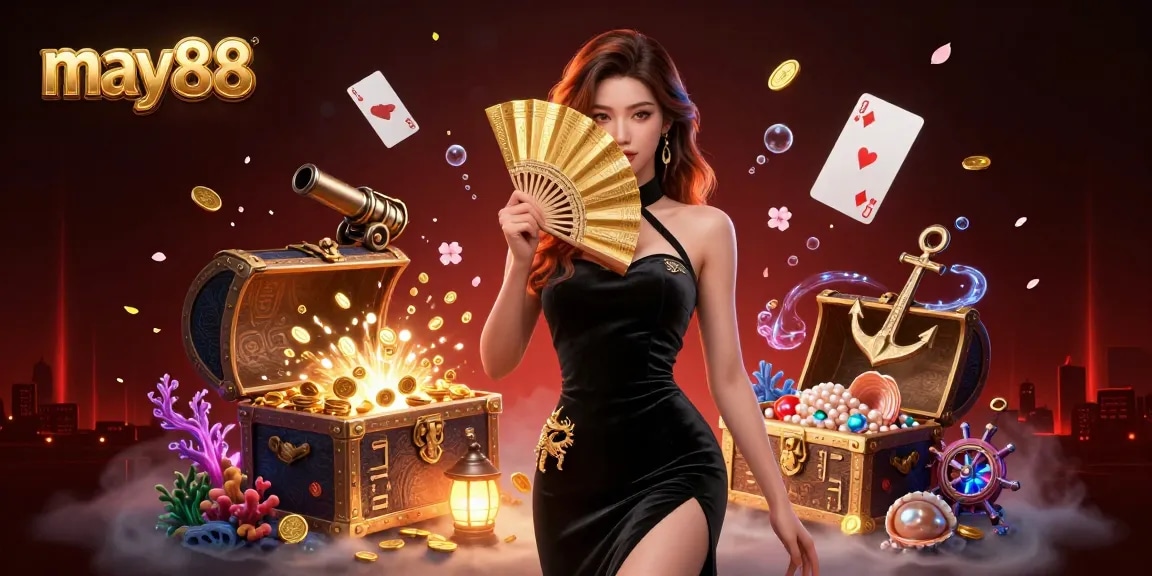 Experience the excitement of may88 with a stunning 3D casino illustration featuring dynamic gaming elements and vibrant colors.