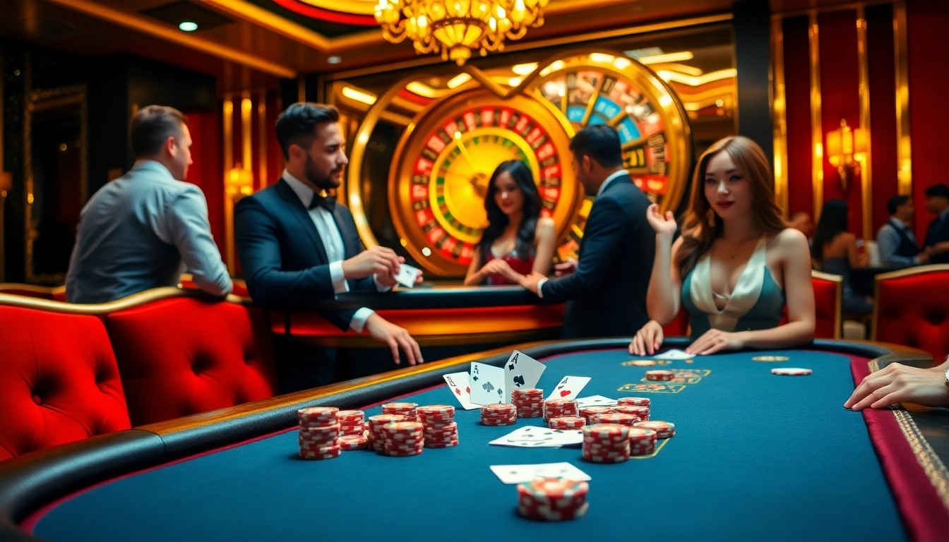 Experience the excitement of go 88 in this lively casino scene featuring poker tables and a roulette wheel.
