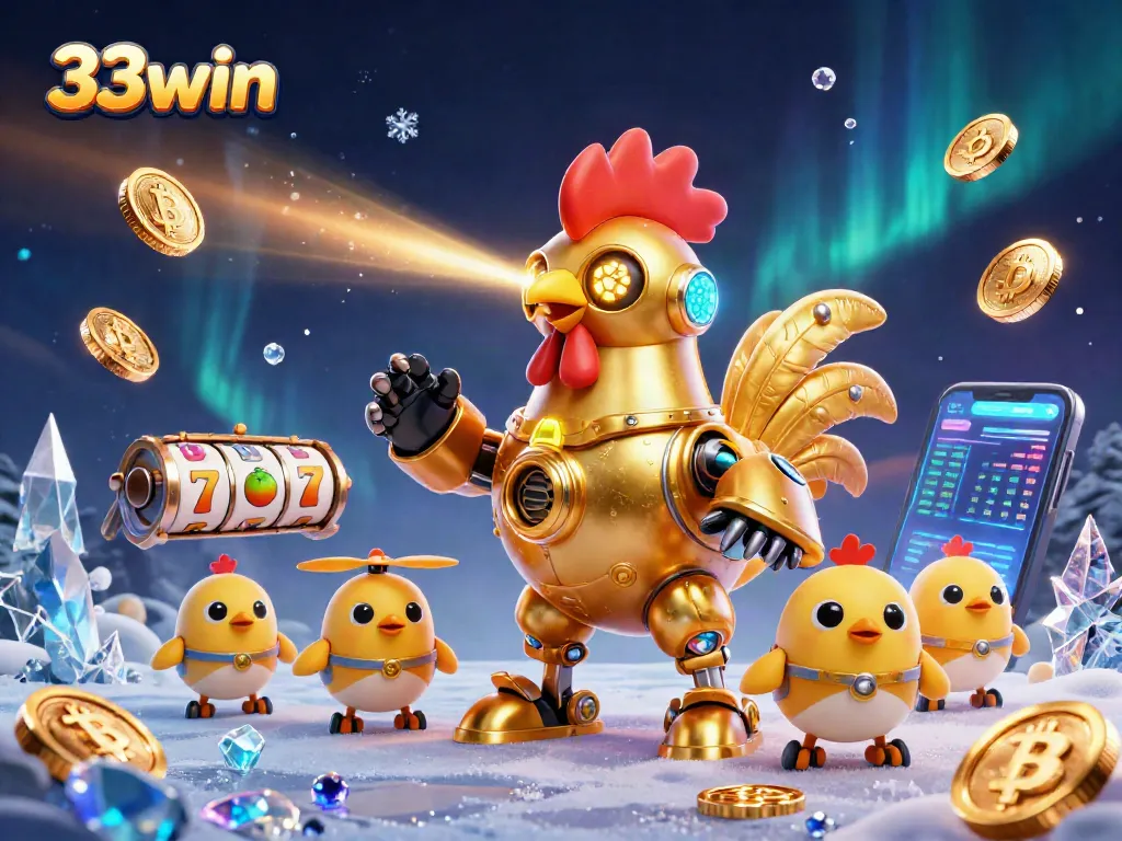 Engage with 33win's vibrant gaming scene featuring the golden rooster robot and baby chick drones.