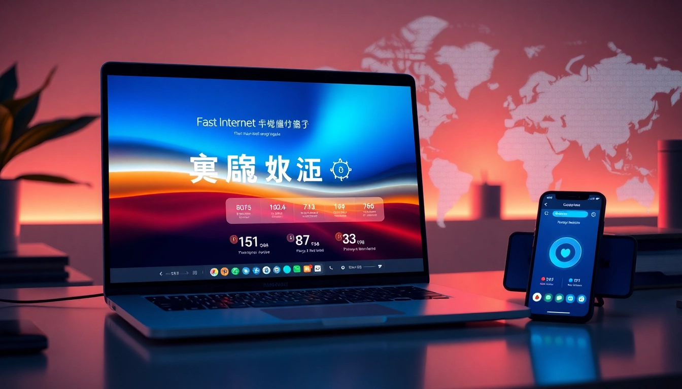 专业工作区的现代笔记本电脑上显示的快连官网界面，突出快速安全的互联网连接。