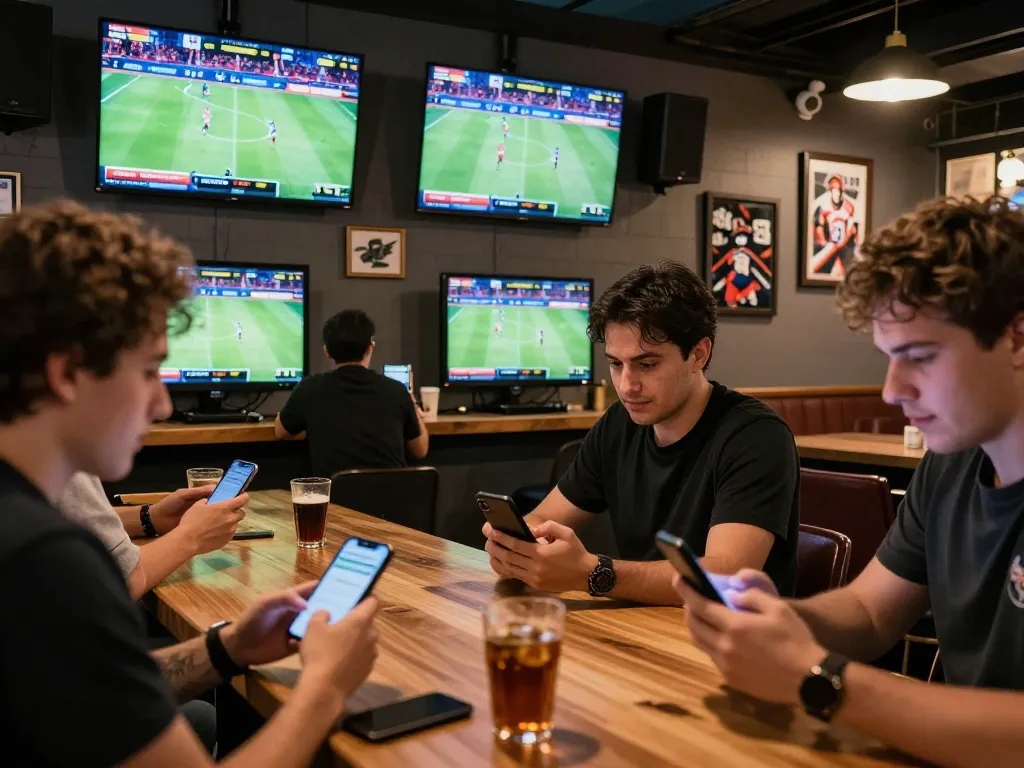 Betting on live sports at CM88 with active patrons using smartphones in a vibrant sports bar