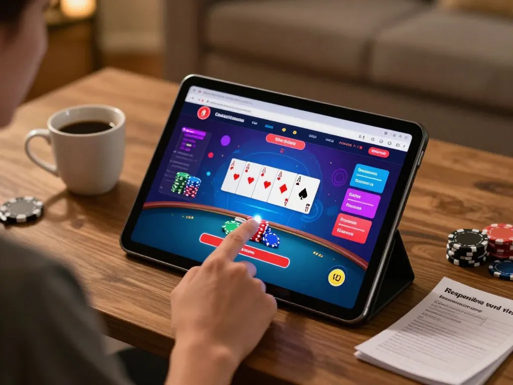 Engaging in poker gameplay on lode88 com's online casino interface while enjoying a cozy home environment.