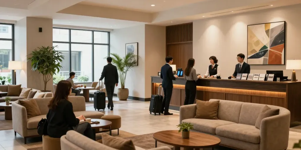 Welcoming hotel lobby at ROKOK88 with friendly staff and cozy seating.
