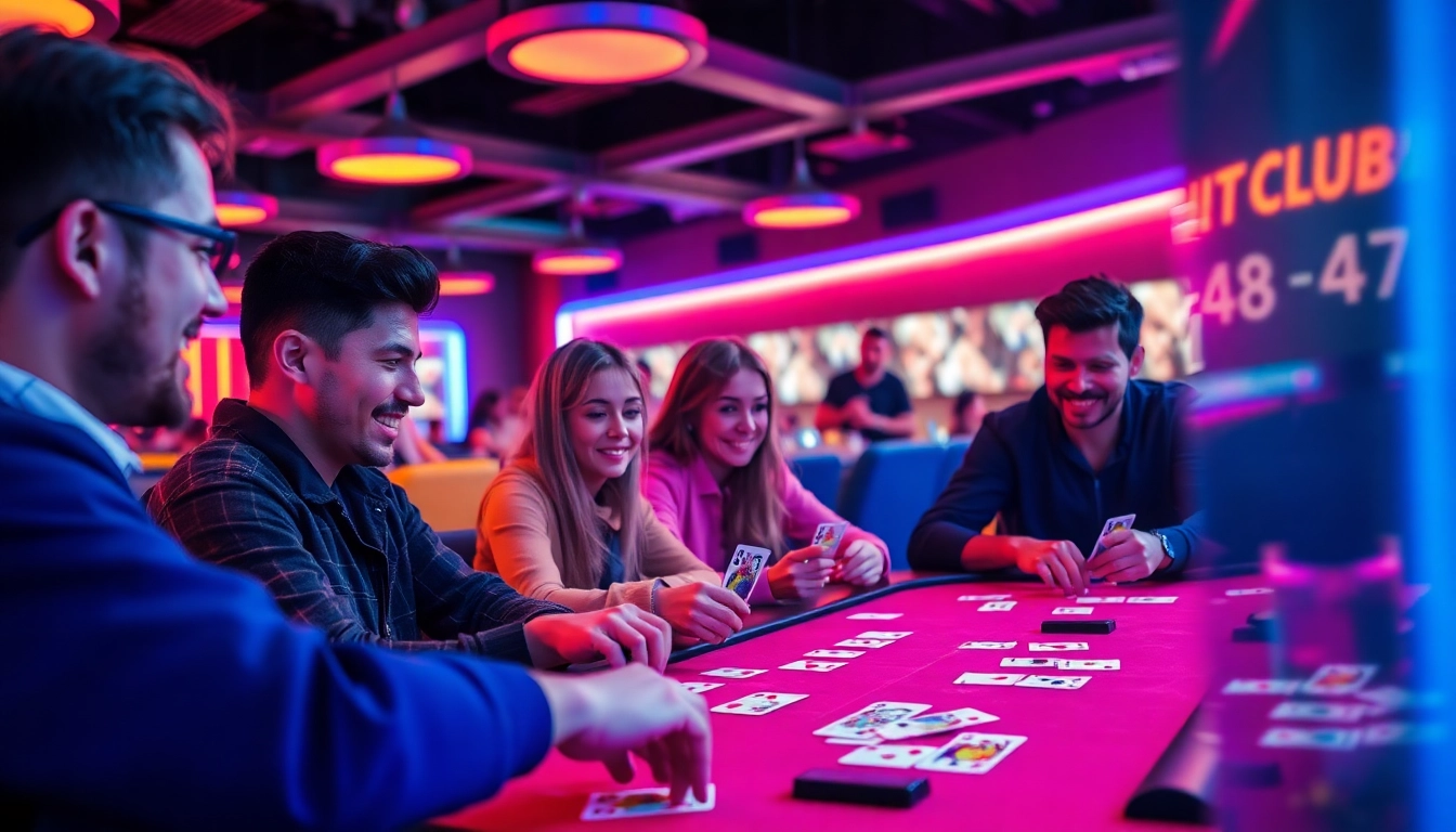 Exciting gaming scene at HITCLUB with players enjoying card games and vibrant neon lighting.
