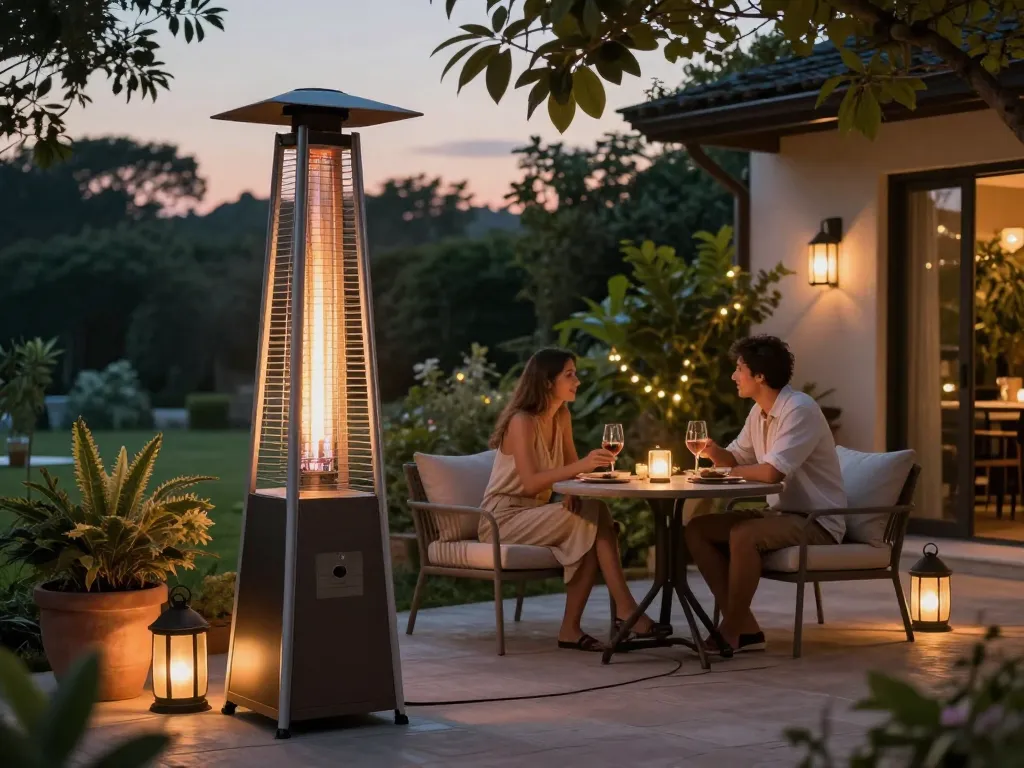 Gezellige buitenbijeenkomst met een terrasverwarmer infrarood staand die warmte en sfeer biedt.